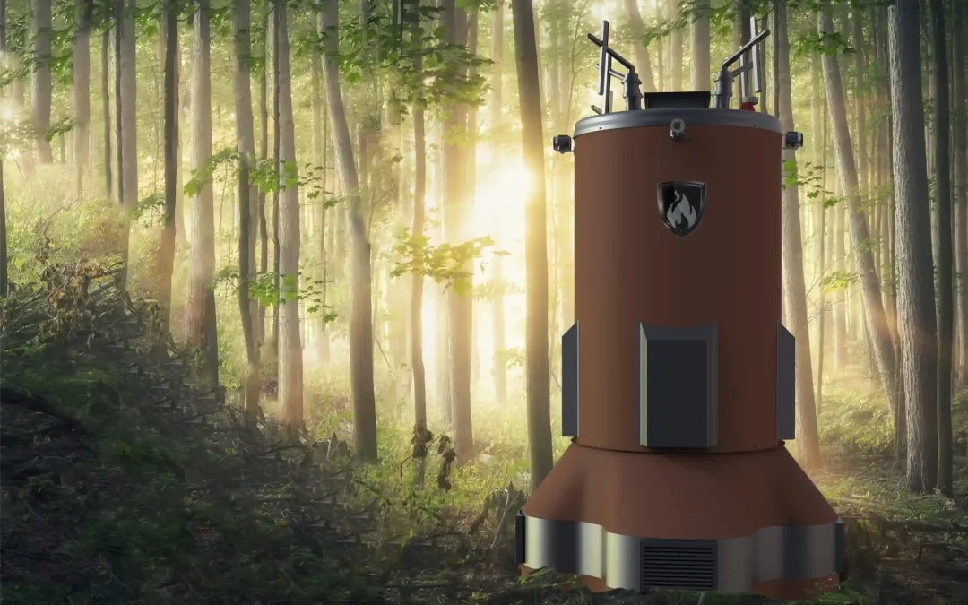 The Guardian fire suppression unit is positioned in a forest at sunrise.