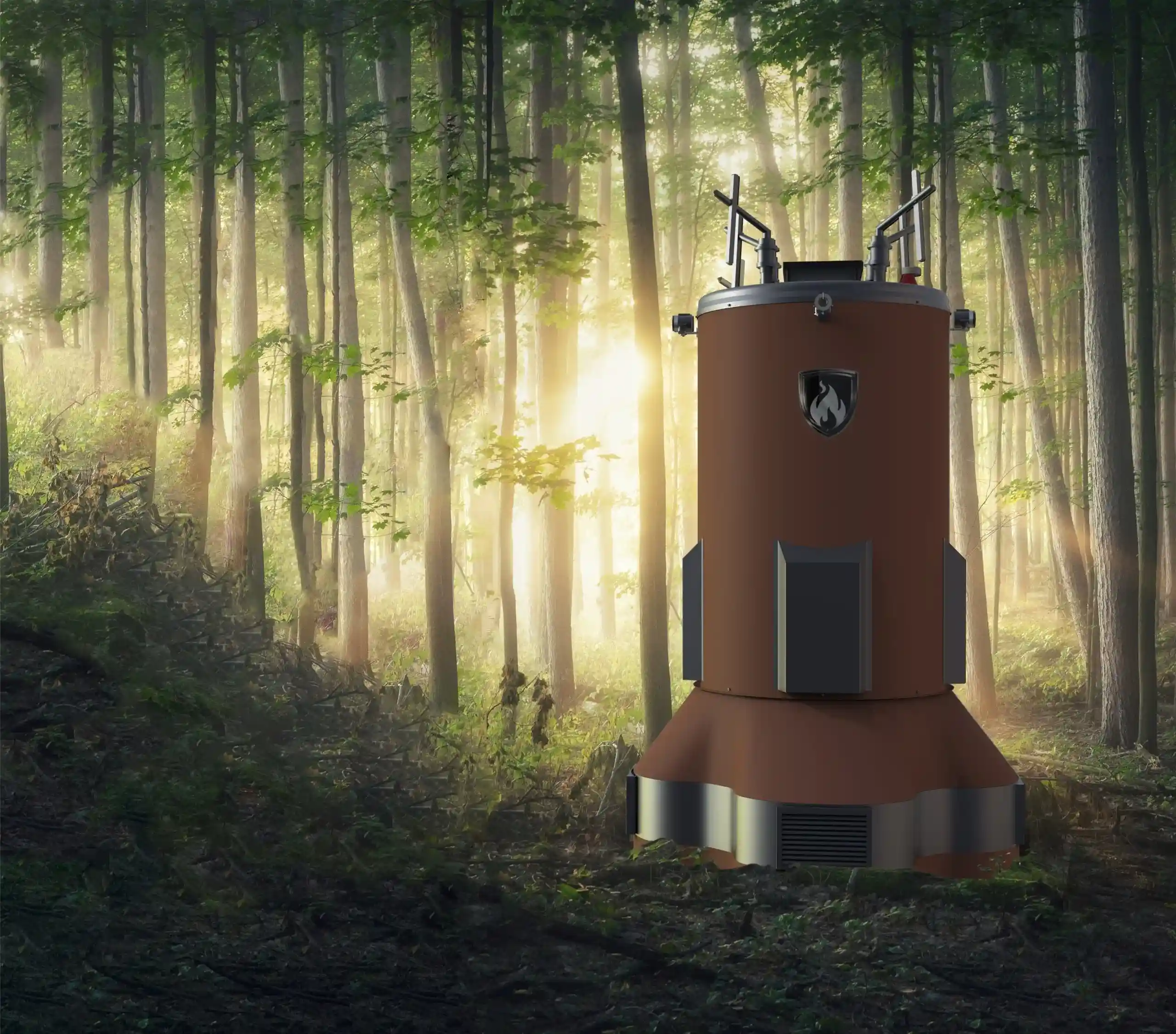 786b68190a3e403398327be759da03db-scaled-e1700897791392 (1) The Guardian fire suppression unit is positioned in a forest at sunrise.