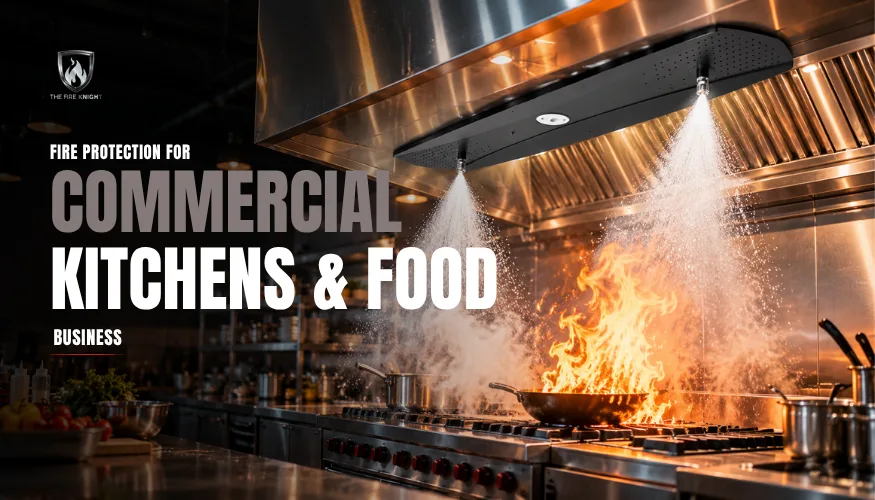 Commercial kitchen with hood suppression system and fire extinguisher